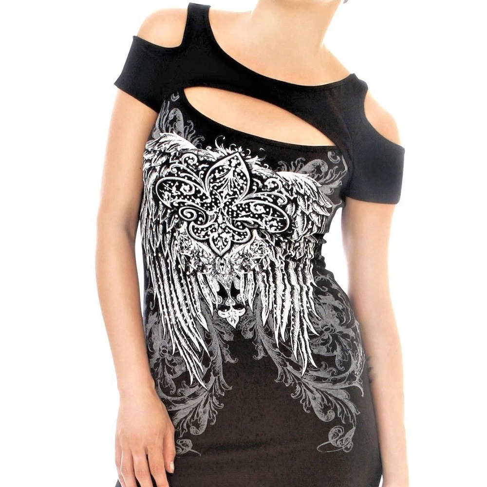 Vtg Y2K Folter Cutout Top Tattoo Style Wings Fleur Beaded Small Made in USA READ